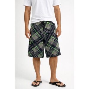 Maui and Sons Plaid Dragon Tribal Swim Trunks Shorts Sz 28W Youth XL Green Black